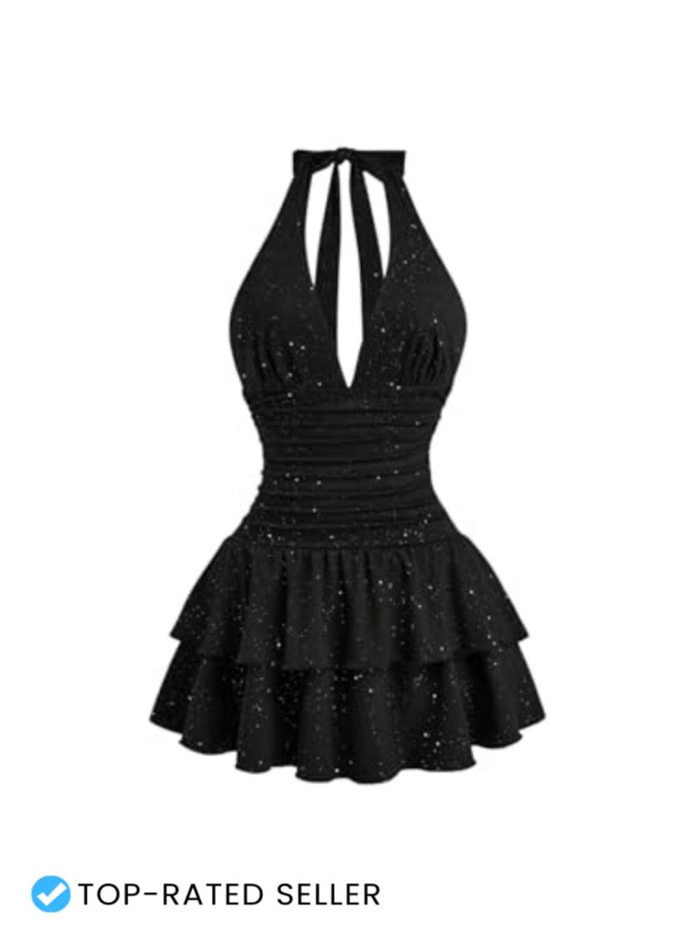 Sparkly Halter Mini Dress Y2K Glitter Ruffle Backless Party Club